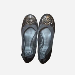 Tory Burch Black Patent Flats with Gold Emblem